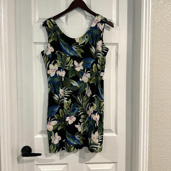 VTG Banana Jack Women Medium Hawaiian Sheath Dress Black Tropical Hibiscus Lei - Picture 1 of 4